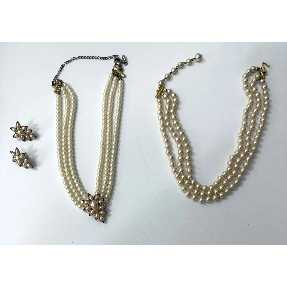 Vintage 4pc Costume Jewelry Lot Pearl Necklaces & Earrings